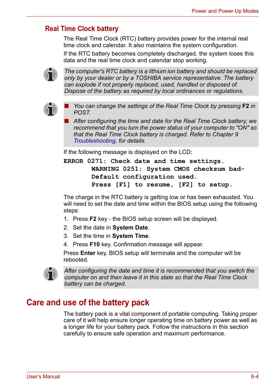 Care and use of the battery pack, Care and use of the battery pack -4, Real time clock battery | Toshiba SATELLITE U400 User Manual | Page 105 / 177