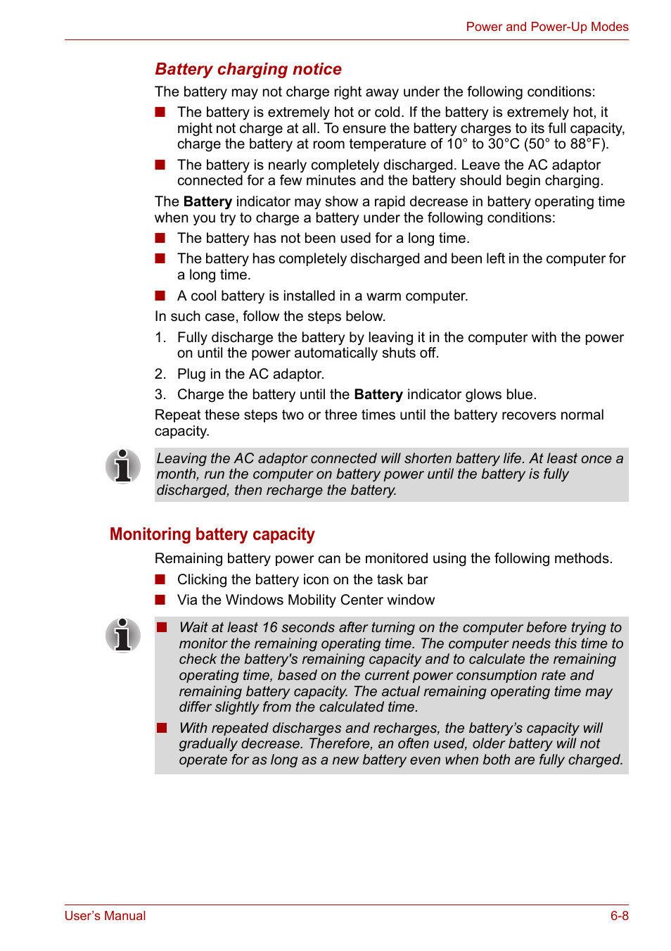 Monitoring battery capacity | Toshiba SATELLITE U400 User Manual | Page 109 / 177