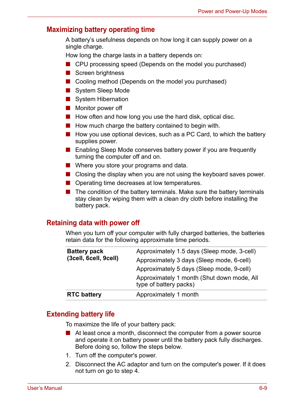 Maximizing battery operating time, Retaining data with power off, Extending battery life | Toshiba SATELLITE U400 User Manual | Page 110 / 177