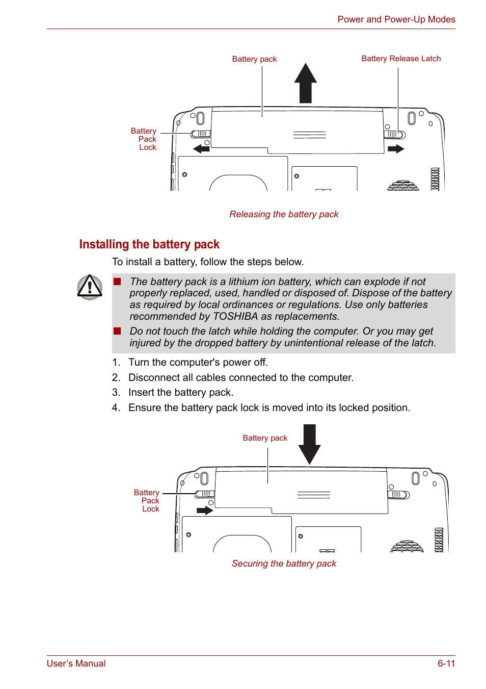 Installing the battery pack | Toshiba SATELLITE U400 User Manual | Page 112 / 177