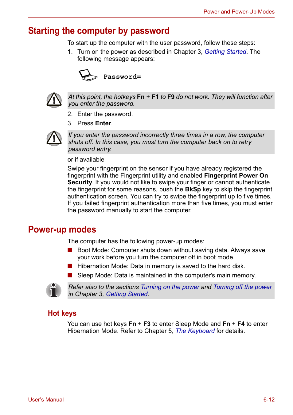Starting the computer by password, Power-up modes, Hot keys | Toshiba SATELLITE U400 User Manual | Page 113 / 177