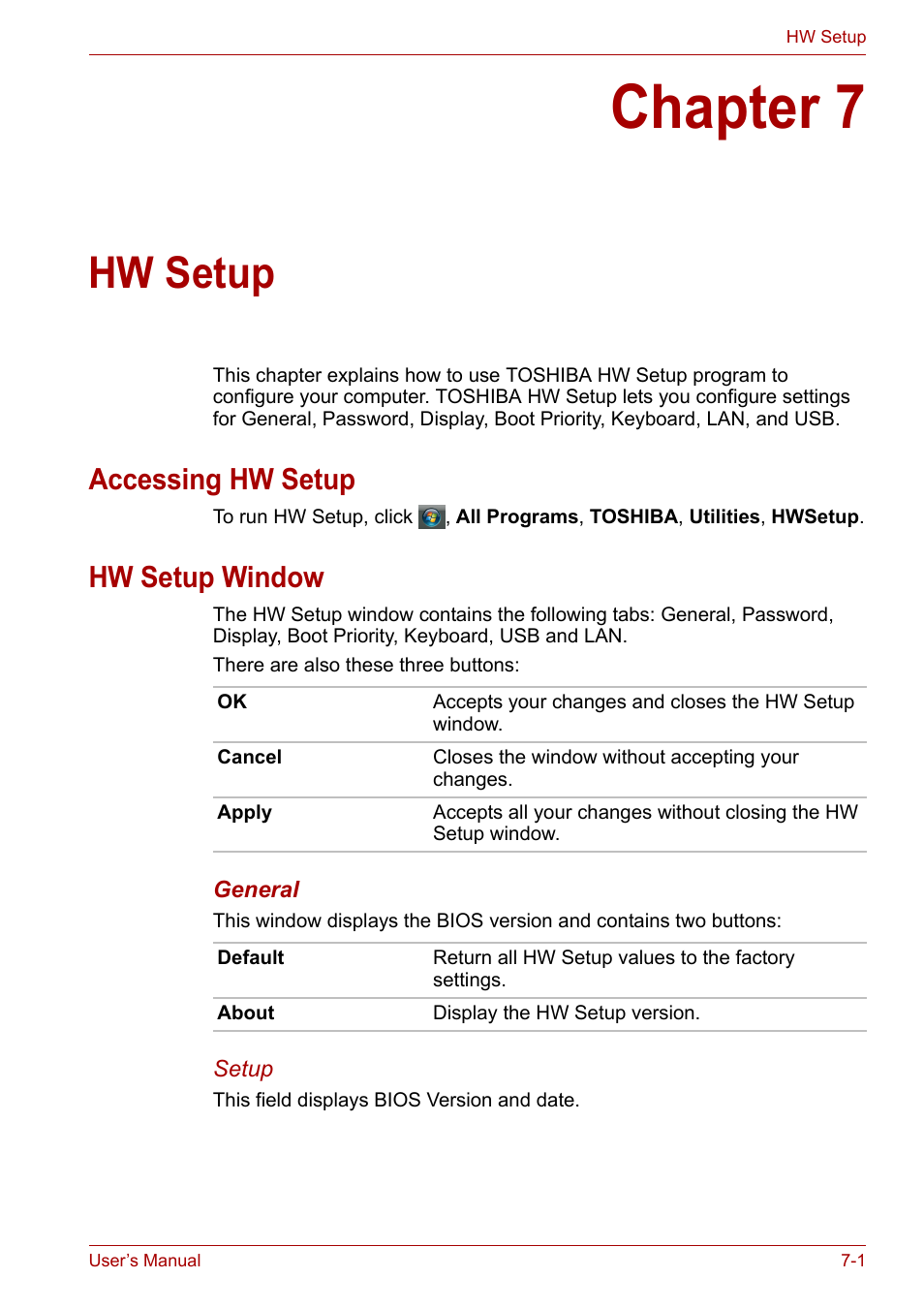Chapter 7: hw setup, Accessing hw setup, Hw setup window | Chapter 7, Hw setup, Accessing hw setup -1 hw setup window -1, Ter 7 | Toshiba SATELLITE U400 User Manual | Page 115 / 177