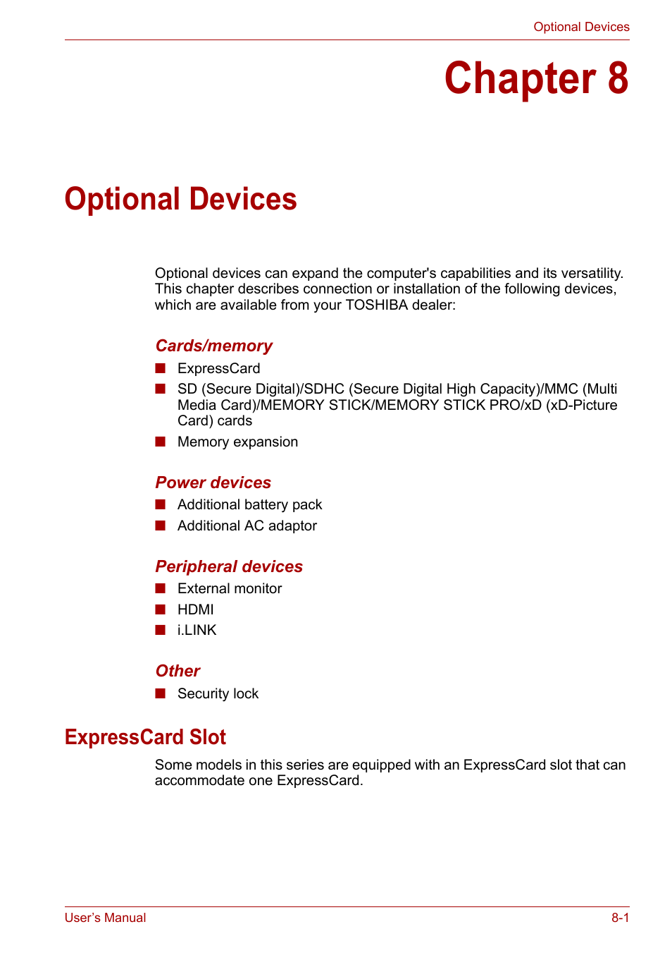 Chapter 8: optional devices, Expresscard slot, Chapter 8 | Optional devices, Expresscard slot -1 | Toshiba SATELLITE U400 User Manual | Page 118 / 177