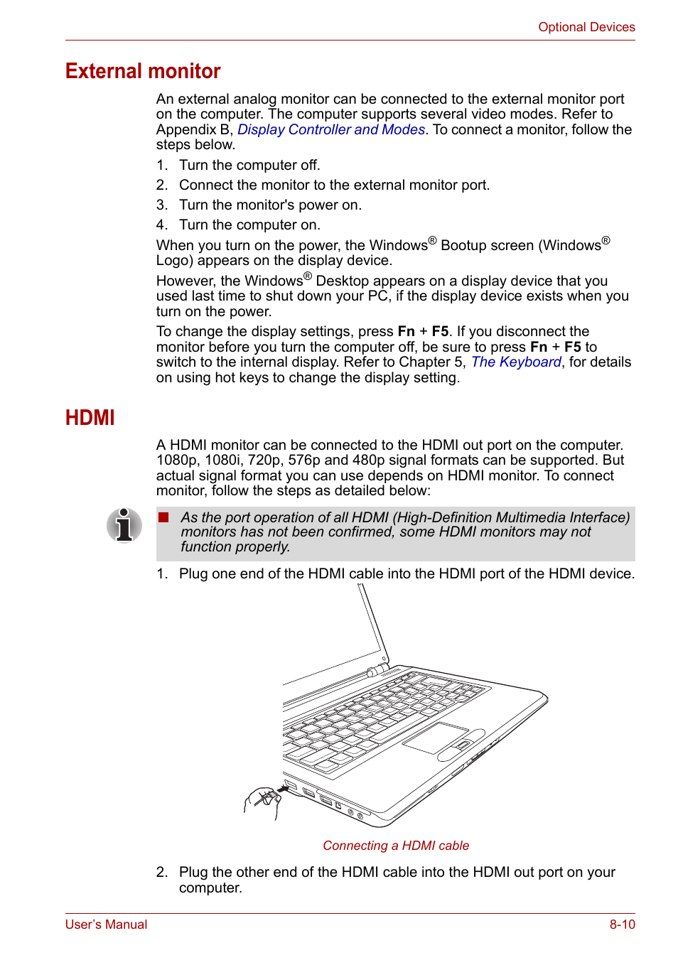 External monitor, Hdmi, External monitor -10 hdmi -10 | Toshiba SATELLITE U400 User Manual | Page 127 / 177