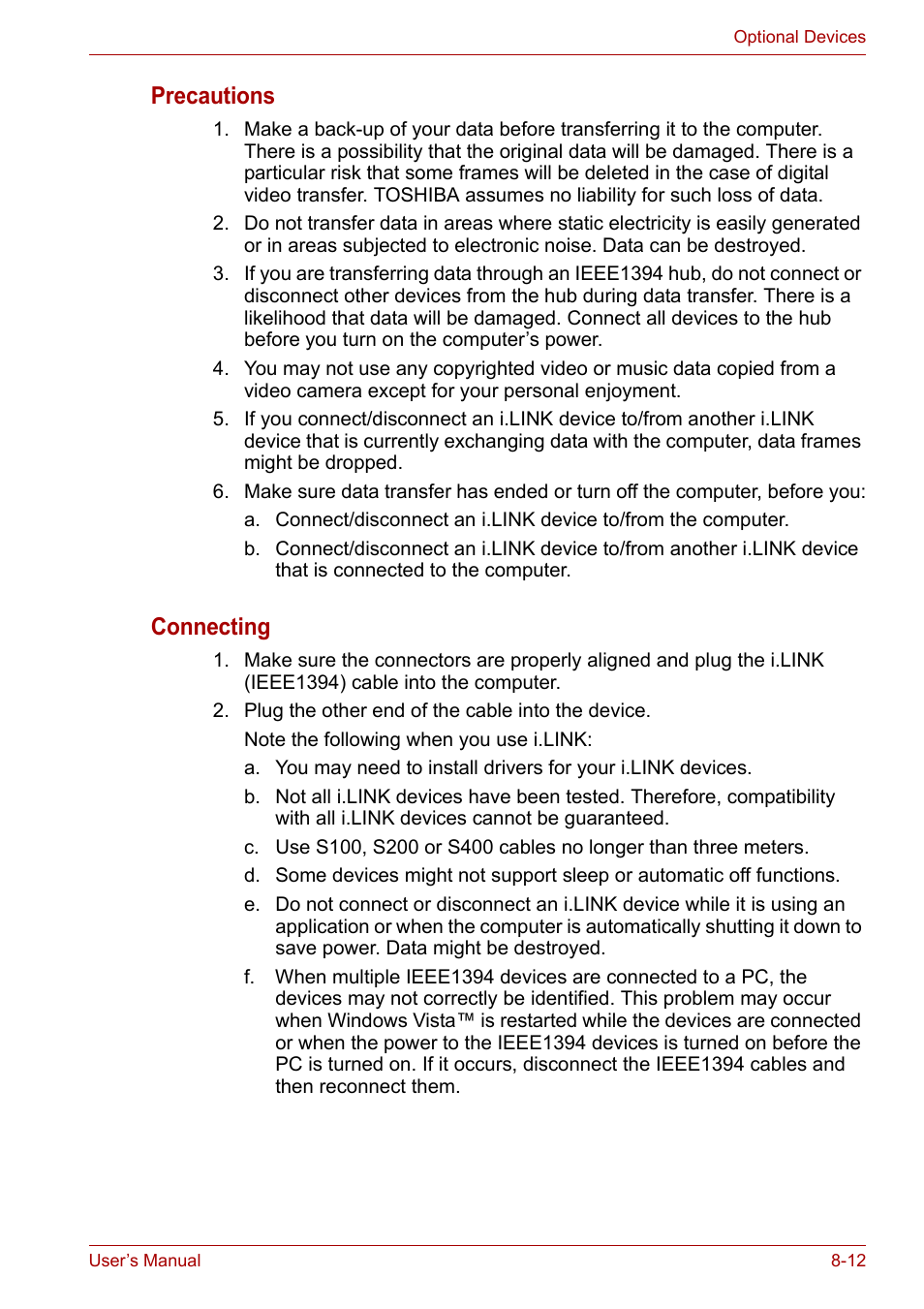 Precautions, Connecting | Toshiba SATELLITE U400 User Manual | Page 129 / 177