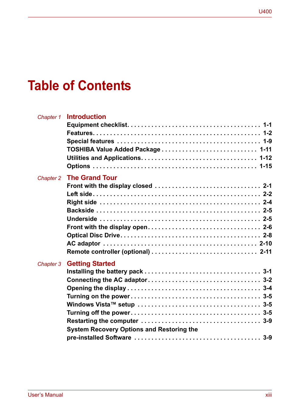 Toshiba SATELLITE U400 User Manual | Page 13 / 177