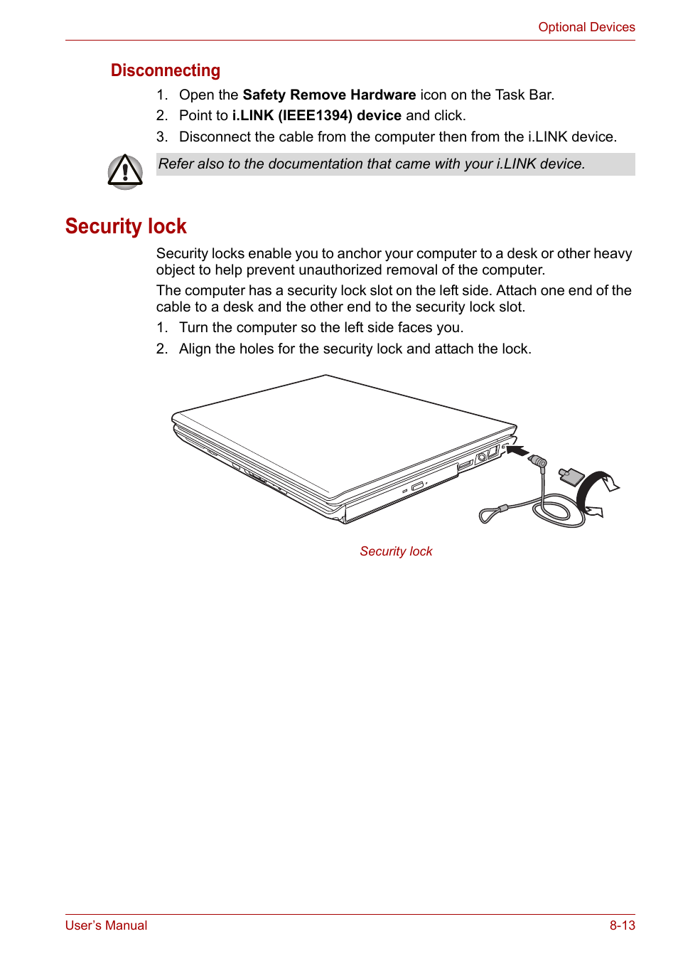 Security lock, Security lock -13, Disconnecting | Toshiba SATELLITE U400 User Manual | Page 130 / 177