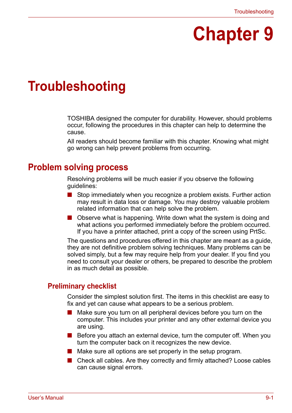 Chapter 9: troubleshooting, Problem solving process, Chapter 9 | Troubleshooting, Problem solving process -1, Provi | Toshiba SATELLITE U400 User Manual | Page 131 / 177