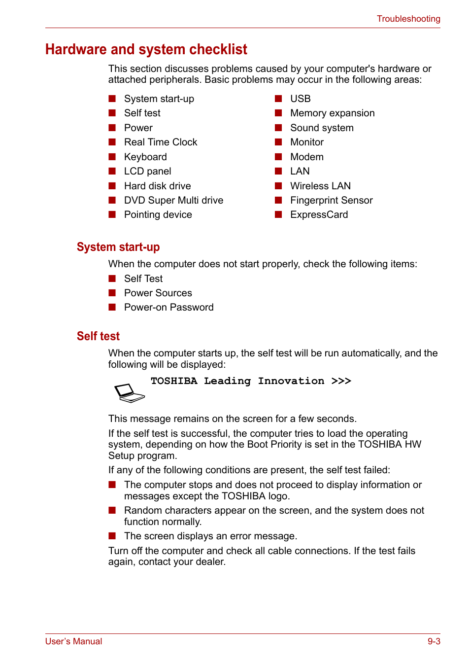 Hardware and system checklist, Hardware and system checklist -3, System start-up | Self test | Toshiba SATELLITE U400 User Manual | Page 133 / 177