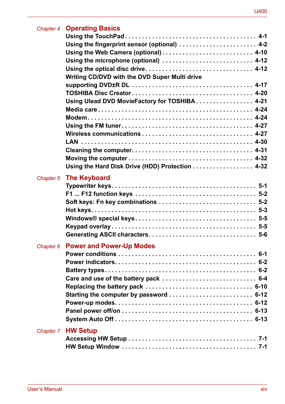 Toshiba SATELLITE U400 User Manual | Page 14 / 177
