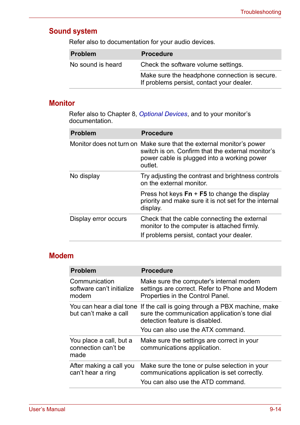 Sound system, Monitor, Modem | Toshiba SATELLITE U400 User Manual | Page 144 / 177