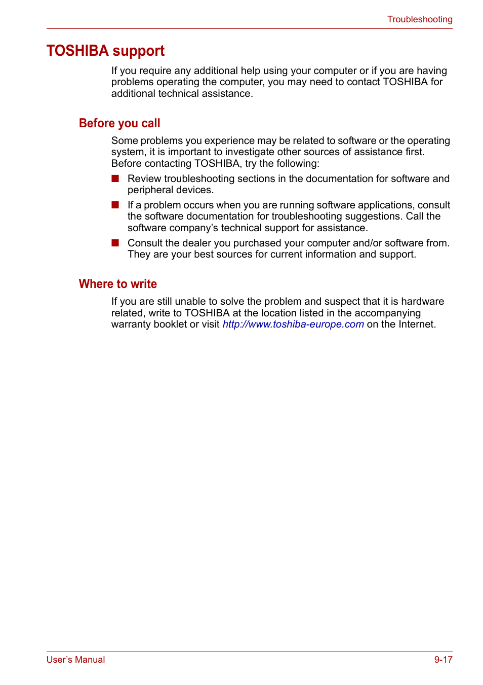 Toshiba support, Toshiba support -17, Before you call | Where to write | Toshiba SATELLITE U400 User Manual | Page 147 / 177