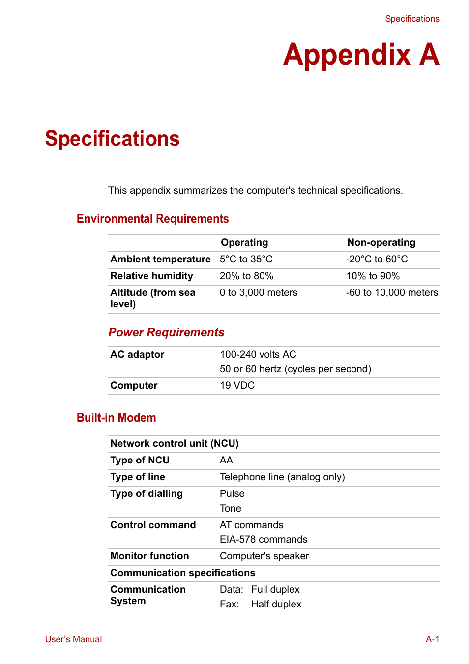 Appendix a: specifications, Appendix a, Specifications | Appendices | Toshiba SATELLITE U400 User Manual | Page 148 / 177