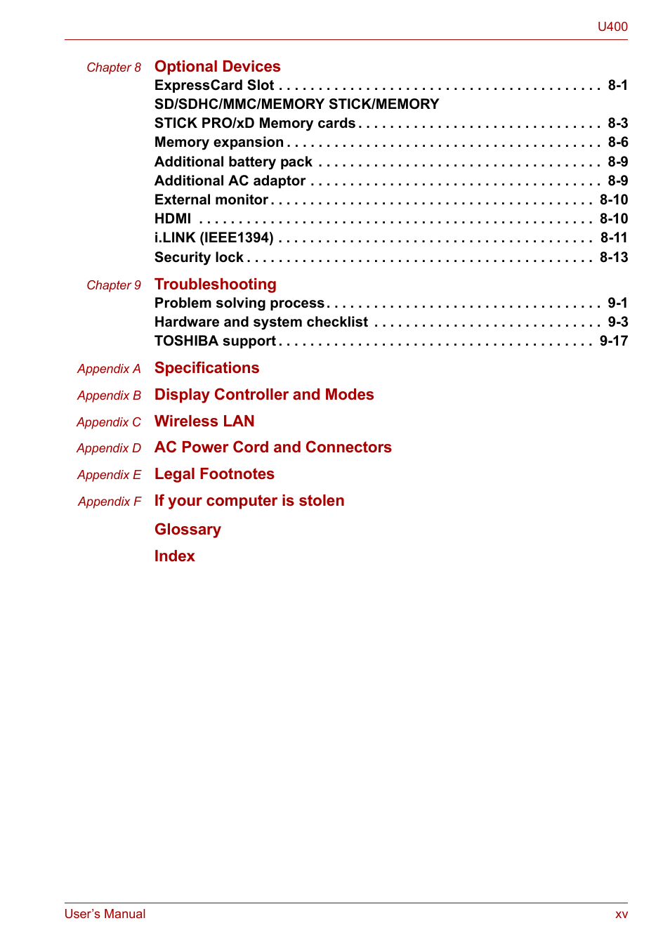 Toshiba SATELLITE U400 User Manual | Page 15 / 177