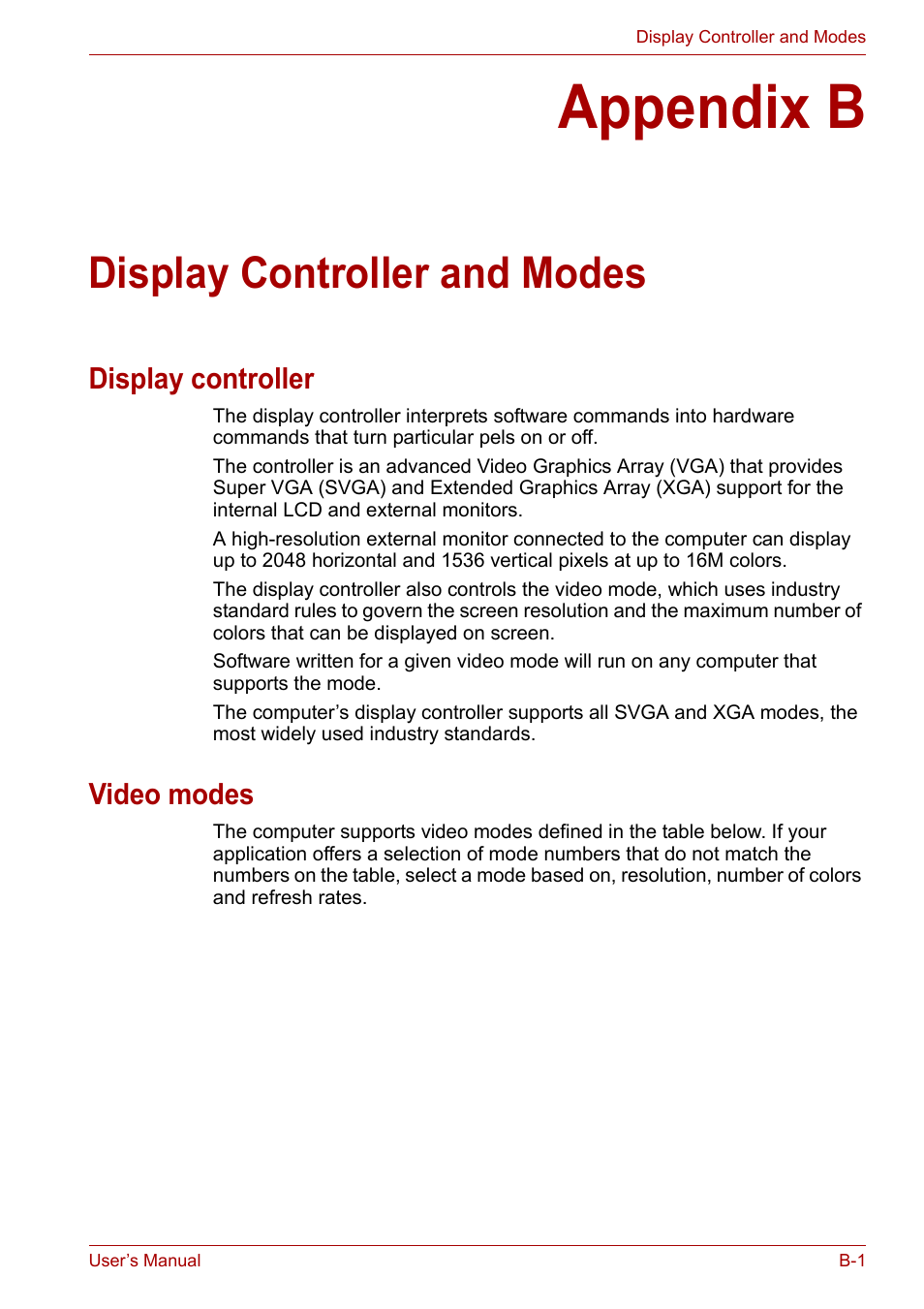 Appendix b: display controller and modes, Appendix b, Display controller and modes | Ix b, Display, Controller and modes, Display controller, Video modes | Toshiba SATELLITE U400 User Manual | Page 150 / 177