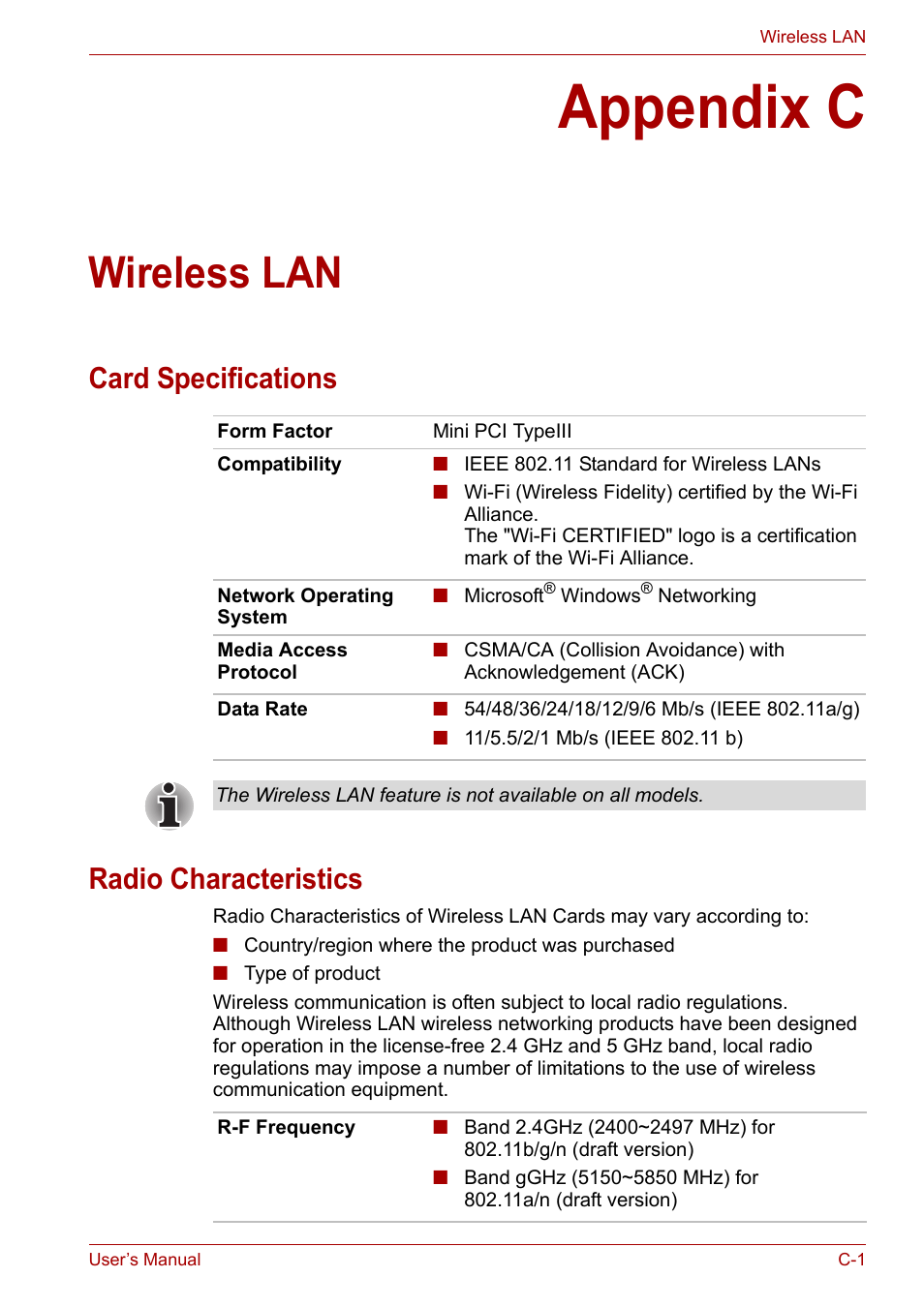 Appendix c: wireless lan, Appendix c, Wireless lan | Card specifications radio characteristics | Toshiba SATELLITE U400 User Manual | Page 152 / 177