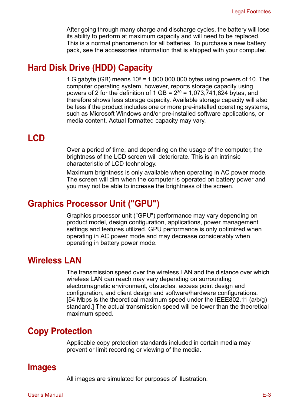 Hard disk drive (hdd) capacity, Graphics processor unit ("gpu"), Wireless lan | Copy protection, Images | Toshiba SATELLITE U400 User Manual | Page 159 / 177