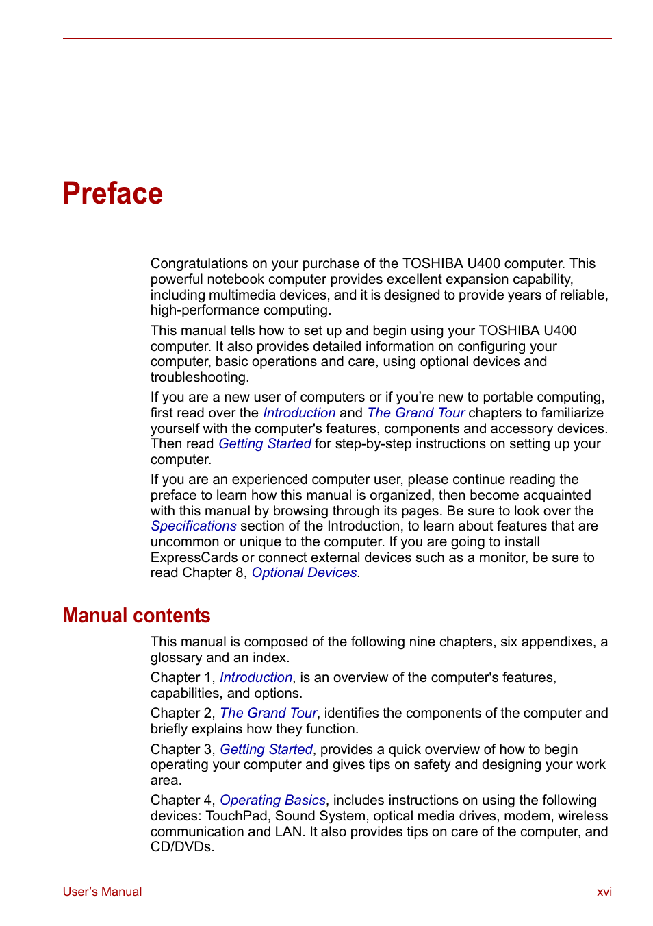 Preface, Manual contents | Toshiba SATELLITE U400 User Manual | Page 16 / 177