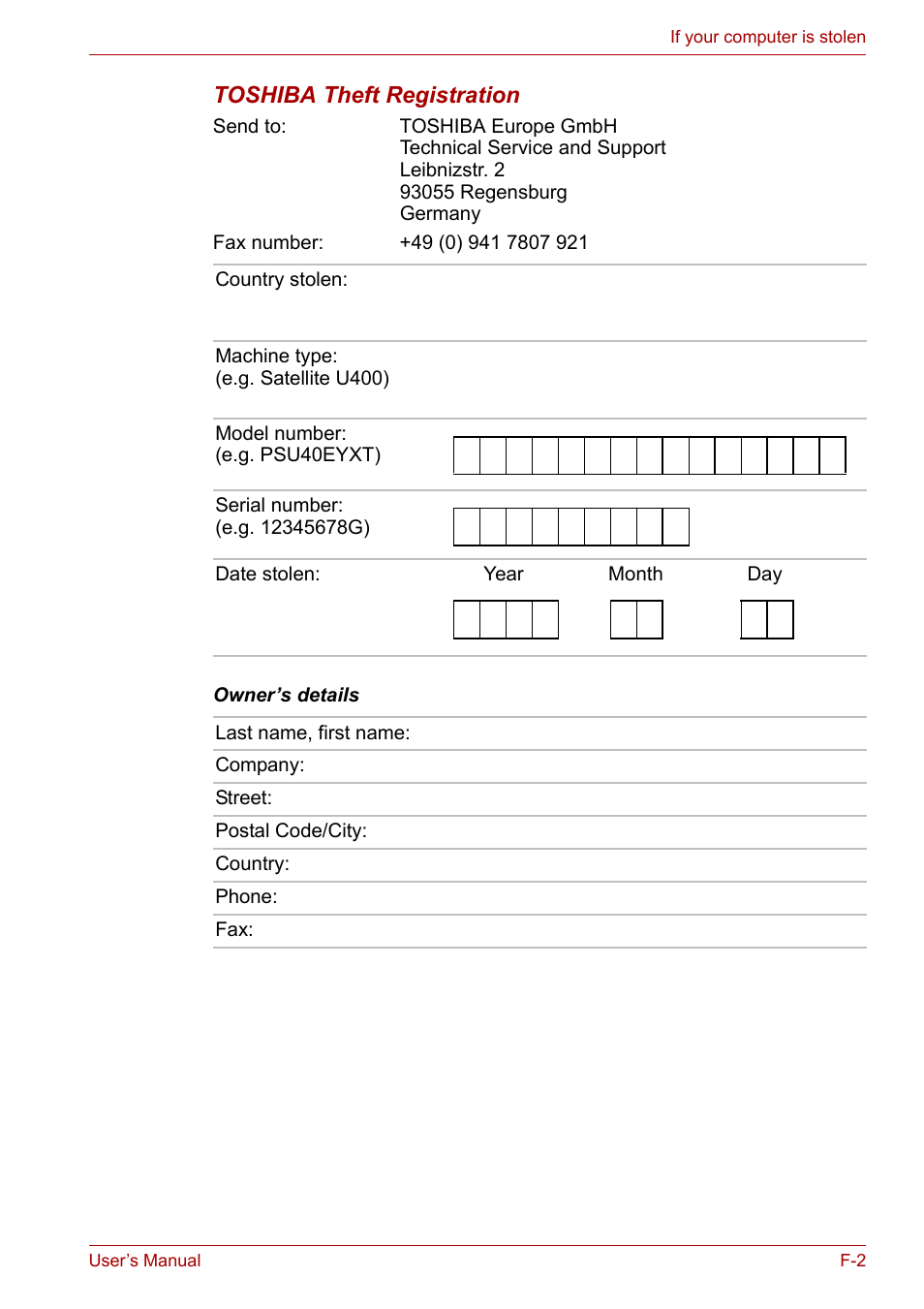 Toshiba theft registration | Toshiba SATELLITE U400 User Manual | Page 161 / 177