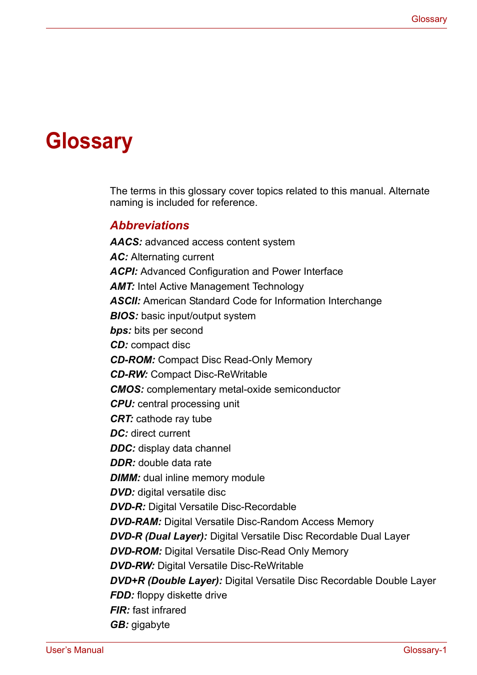 Glossary | Toshiba SATELLITE U400 User Manual | Page 162 / 177