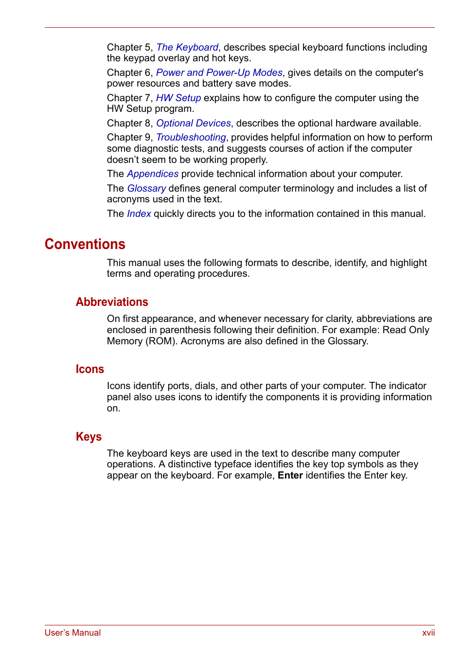 Conventions, Abbreviations, Icons | Keys | Toshiba SATELLITE U400 User Manual | Page 17 / 177