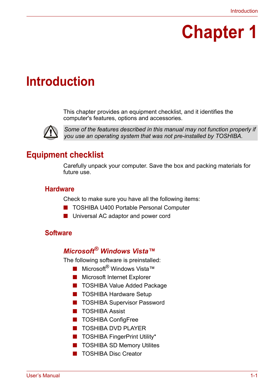 Chapter 1: introduction, Equipment checklist, Chapter 1 | Introduction, Equipment checklist -1 | Toshiba SATELLITE U400 User Manual | Page 19 / 177