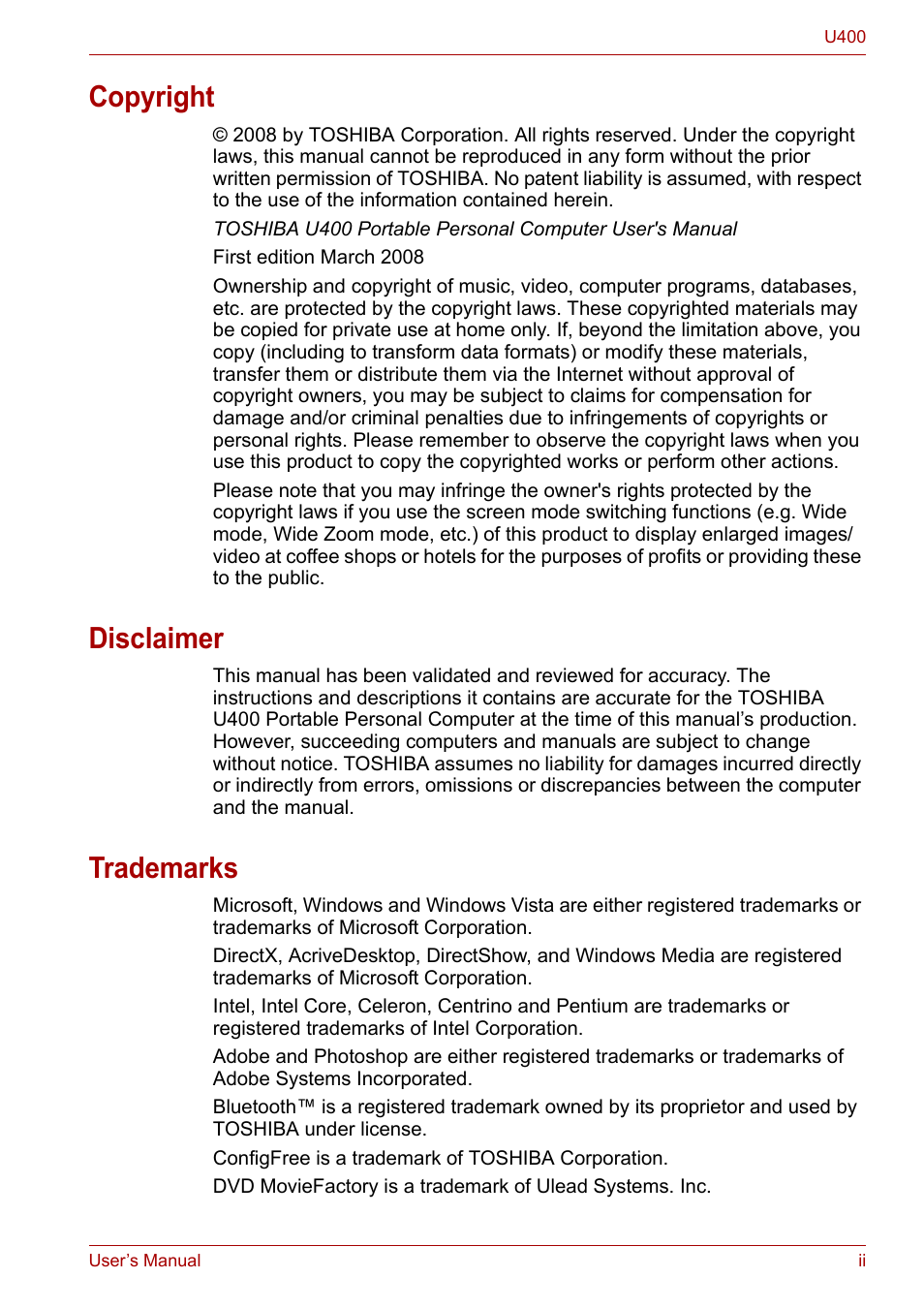 Copyright, Disclaimer, Trademarks | Toshiba SATELLITE U400 User Manual | Page 2 / 177