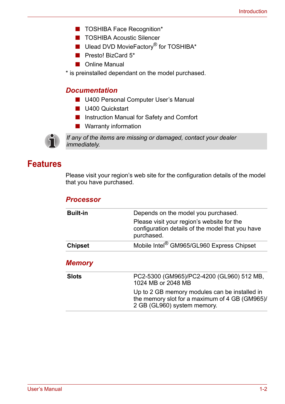 Features, Features -2 | Toshiba SATELLITE U400 User Manual | Page 20 / 177