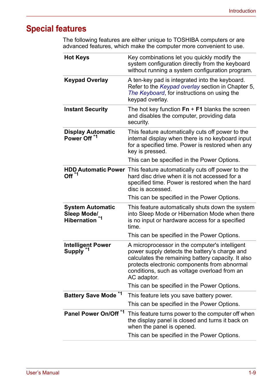 Special features, Special features -9 | Toshiba SATELLITE U400 User Manual | Page 27 / 177