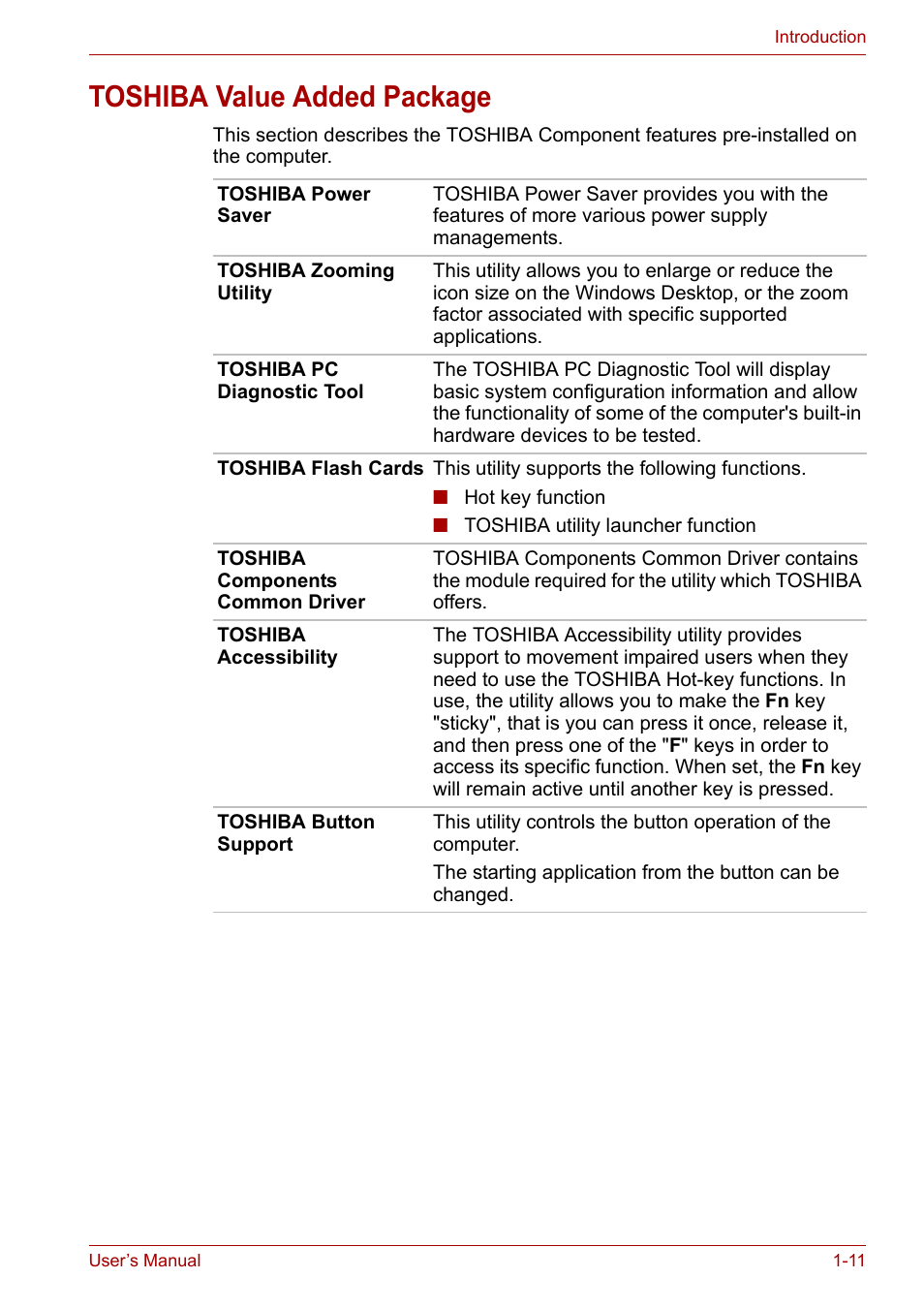 Toshiba value added package, Toshiba value added package -11 | Toshiba SATELLITE U400 User Manual | Page 29 / 177
