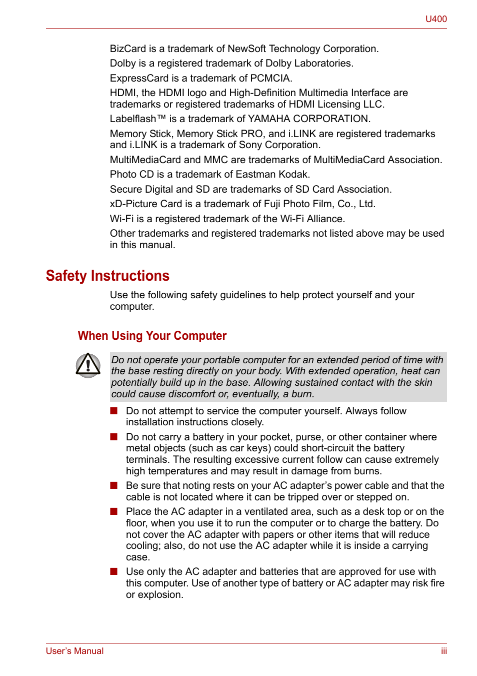 Safety instructions, When using your computer | Toshiba SATELLITE U400 User Manual | Page 3 / 177