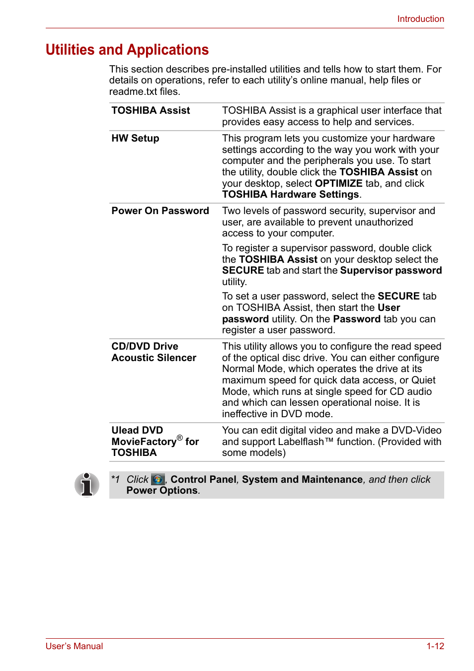 Utilities and applications, Utilities and applications -12 | Toshiba SATELLITE U400 User Manual | Page 30 / 177