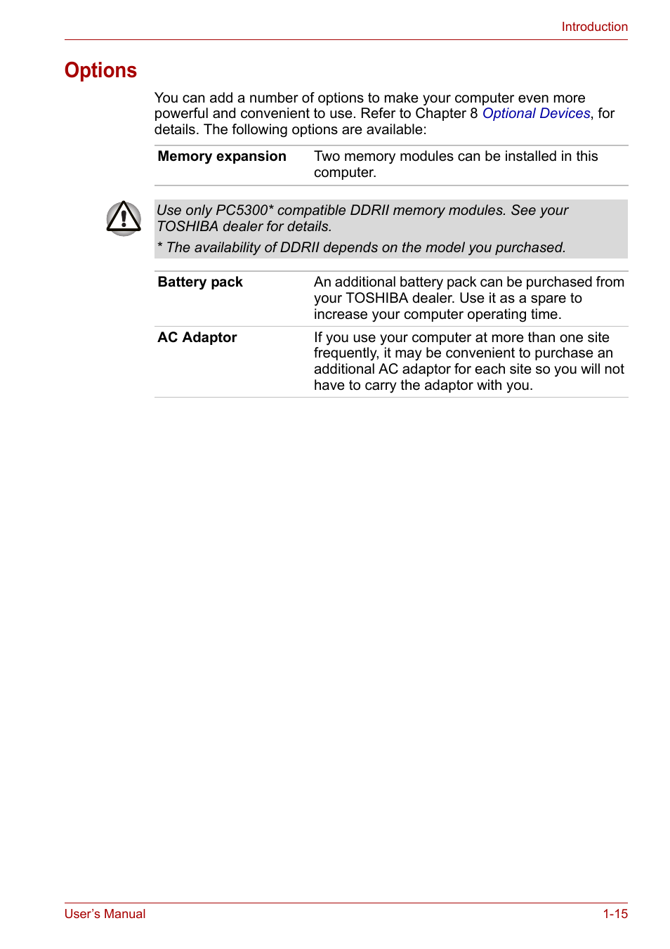 Options, Options -15 | Toshiba SATELLITE U400 User Manual | Page 33 / 177