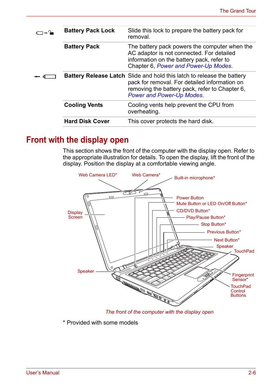 Front with the display open, Front with the display open -6 | Toshiba SATELLITE U400 User Manual | Page 39 / 177