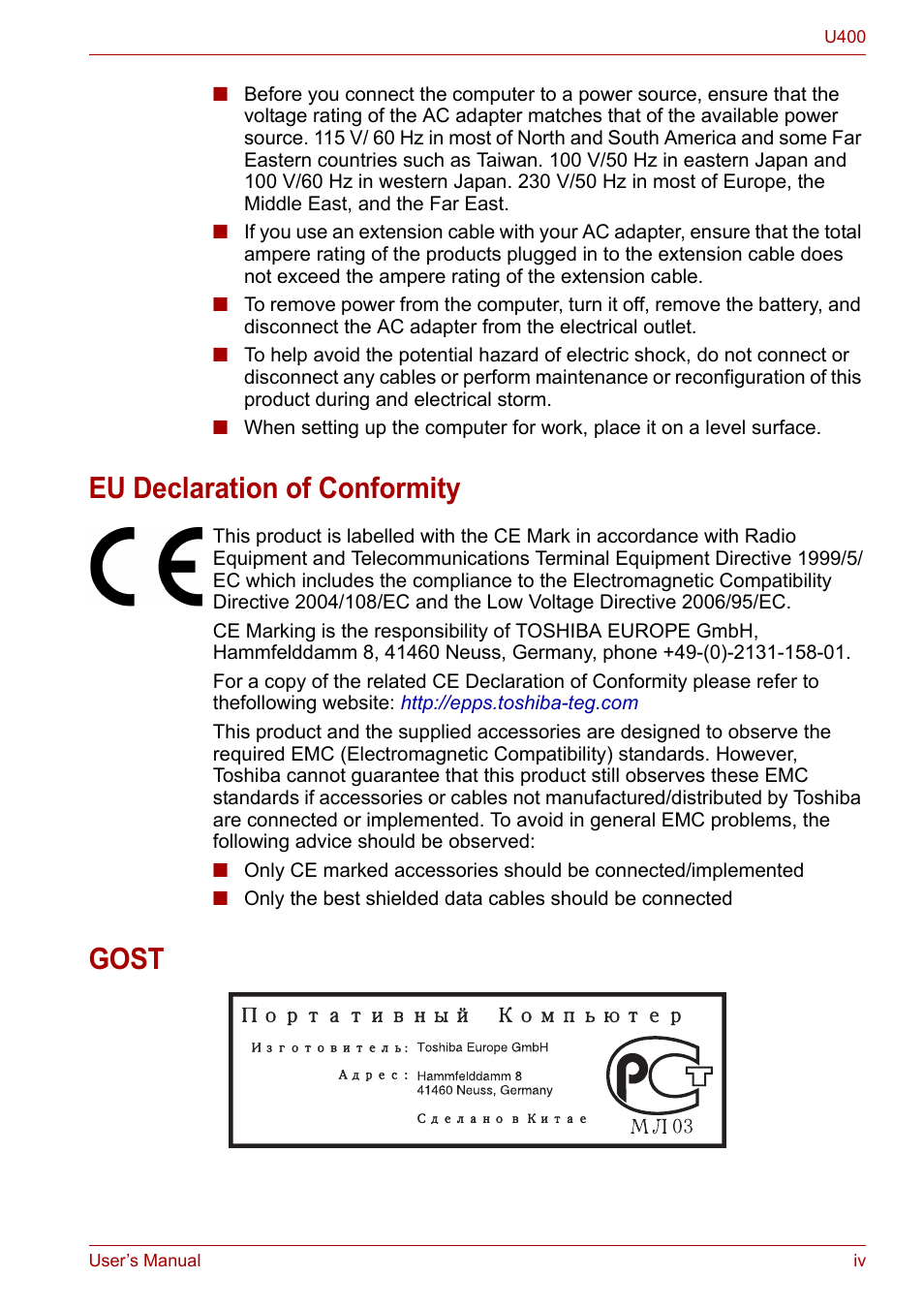 Eu declaration of conformity, Gost | Toshiba SATELLITE U400 User Manual | Page 4 / 177