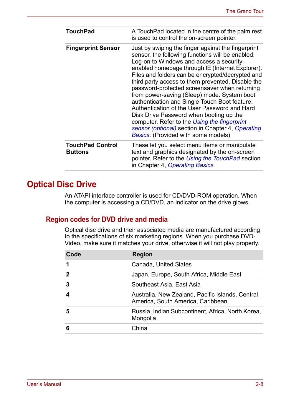 Optical disc drive, Optical disc drive -8, Region codes for dvd drive and media | Toshiba SATELLITE U400 User Manual | Page 41 / 177