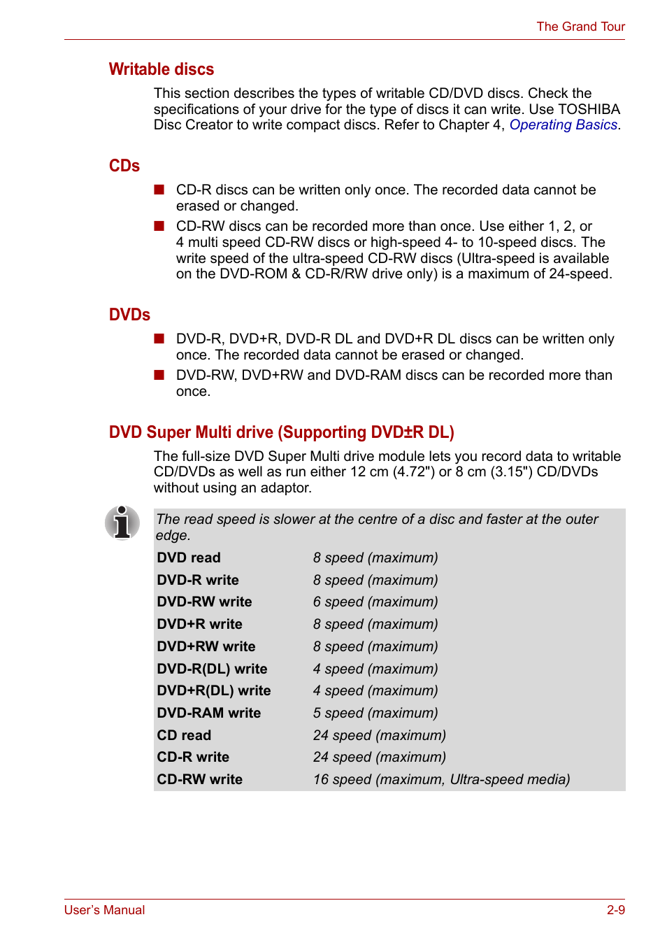 Writable discs, Dvds, Dvd super multi drive (supporting dvd±r dl) | Toshiba SATELLITE U400 User Manual | Page 42 / 177