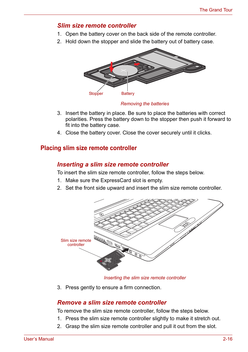 Placing slim size remote controller, Slim size remote controller, Inserting a slim size remote controller | Remove a slim size remote controller | Toshiba SATELLITE U400 User Manual | Page 49 / 177