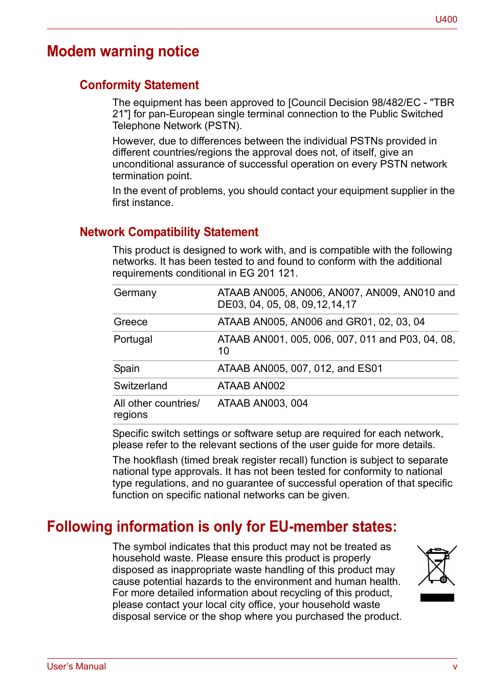 Modem warning notice, Following information is only for eu-member states, Conformity statement | Network compatibility statement | Toshiba SATELLITE U400 User Manual | Page 5 / 177