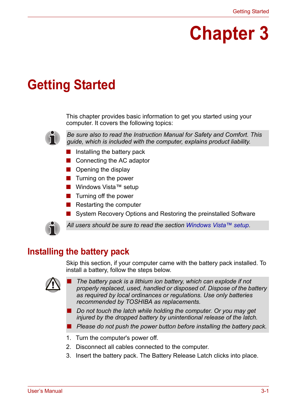 Chapter 3: getting started, Installing the battery pack, Chapter 3 | Getting started, Installing the battery pack -1, Provi | Toshiba SATELLITE U400 User Manual | Page 50 / 177