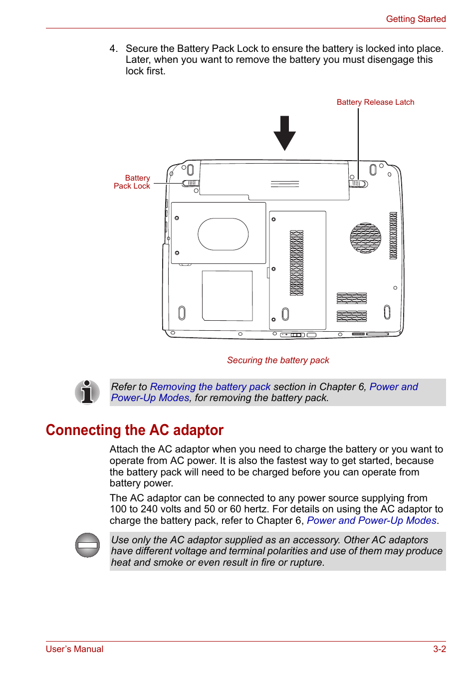 Connecting the ac adaptor, Connecting the ac adaptor -2 | Toshiba SATELLITE U400 User Manual | Page 51 / 177