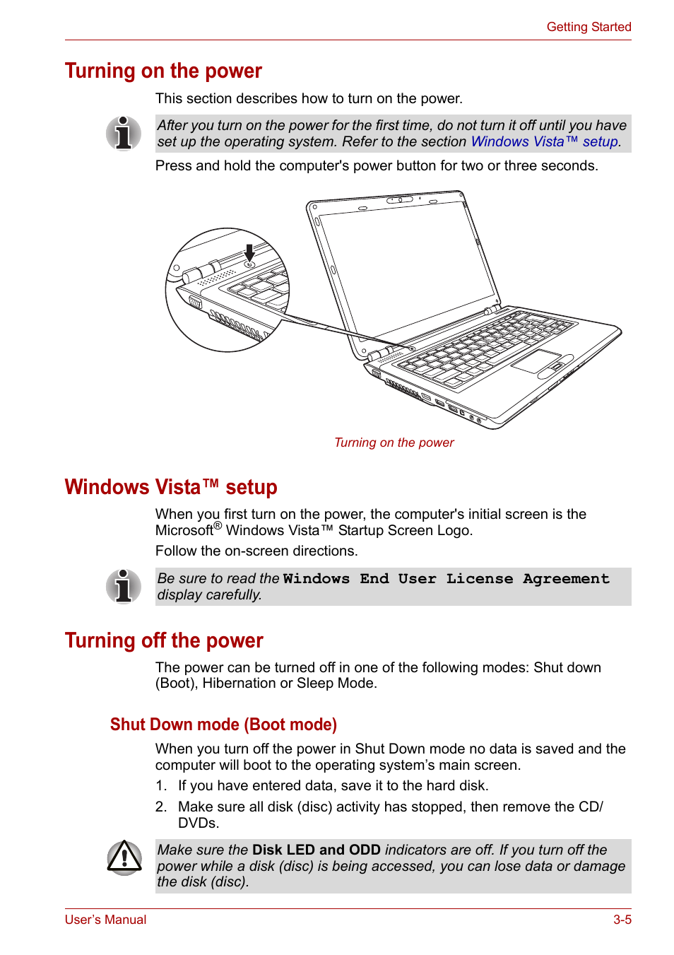 Turning on the power, Windows vista™ setup, Turning off the power | Toshiba SATELLITE U400 User Manual | Page 54 / 177