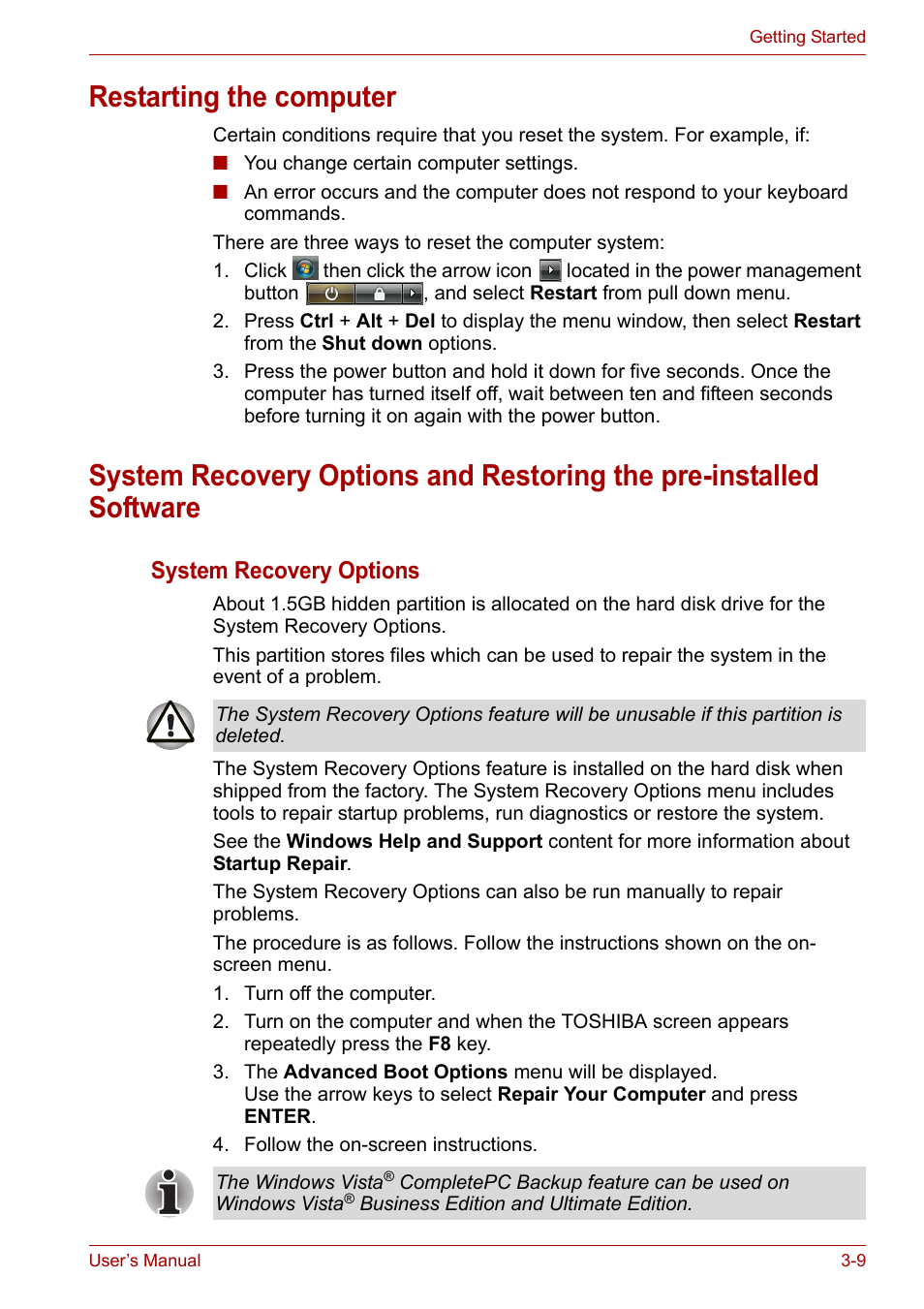 Restarting the computer, System recovery options | Toshiba SATELLITE U400 User Manual | Page 58 / 177