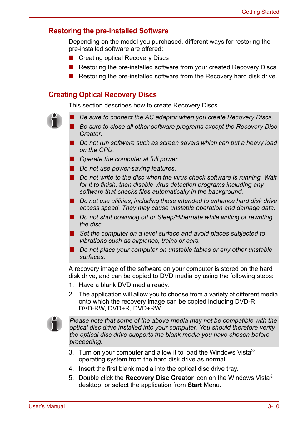 Restoring the pre-installed software, Creating optical recovery discs | Toshiba SATELLITE U400 User Manual | Page 59 / 177