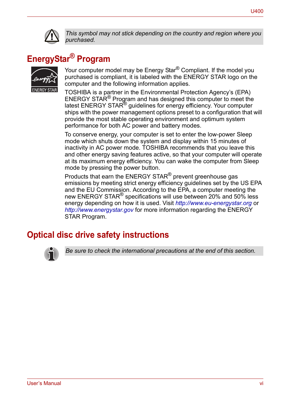 Energystar, Program, Optical disc drive safety instructions | Toshiba SATELLITE U400 User Manual | Page 6 / 177