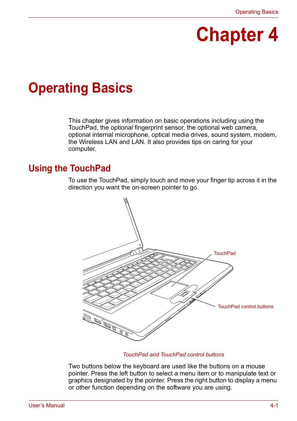 Chapter 4: operating basics, Using the touchpad, Chapter 4 | Operating basics, Using the touchpad -1, Incl, Operating, Basics | Toshiba SATELLITE U400 User Manual | Page 62 / 177