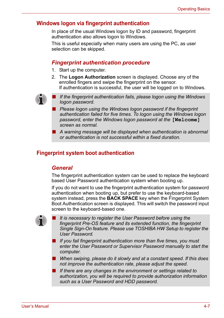 Windows logon via fingerprint authentication, Fingerprint system boot authentication | Toshiba SATELLITE U400 User Manual | Page 68 / 177