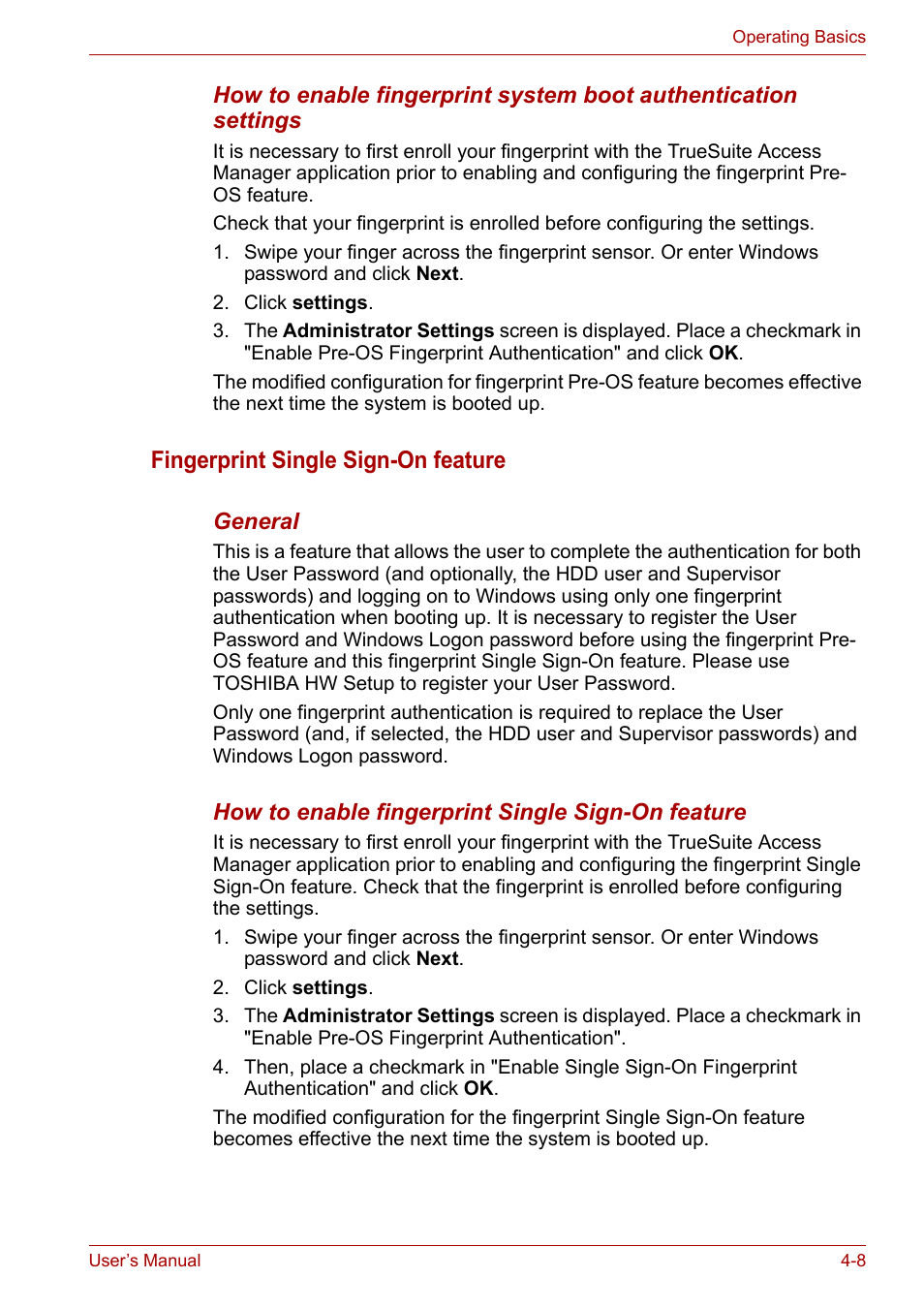 Fingerprint single sign-on feature | Toshiba SATELLITE U400 User Manual | Page 69 / 177