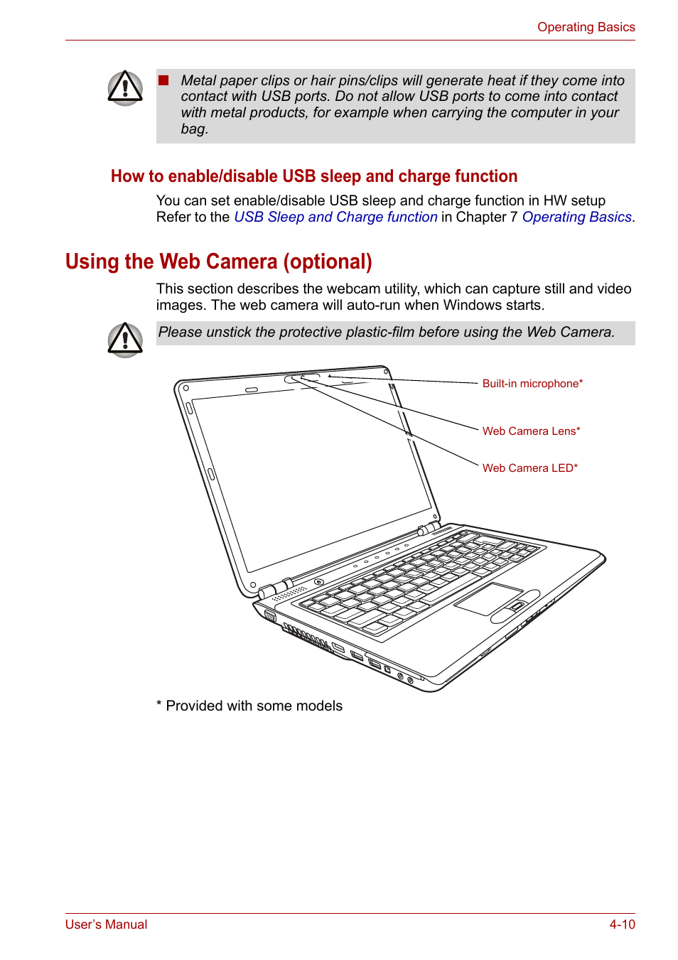 Using the web camera (optional), Using the web camera (optional) -10 | Toshiba SATELLITE U400 User Manual | Page 71 / 177