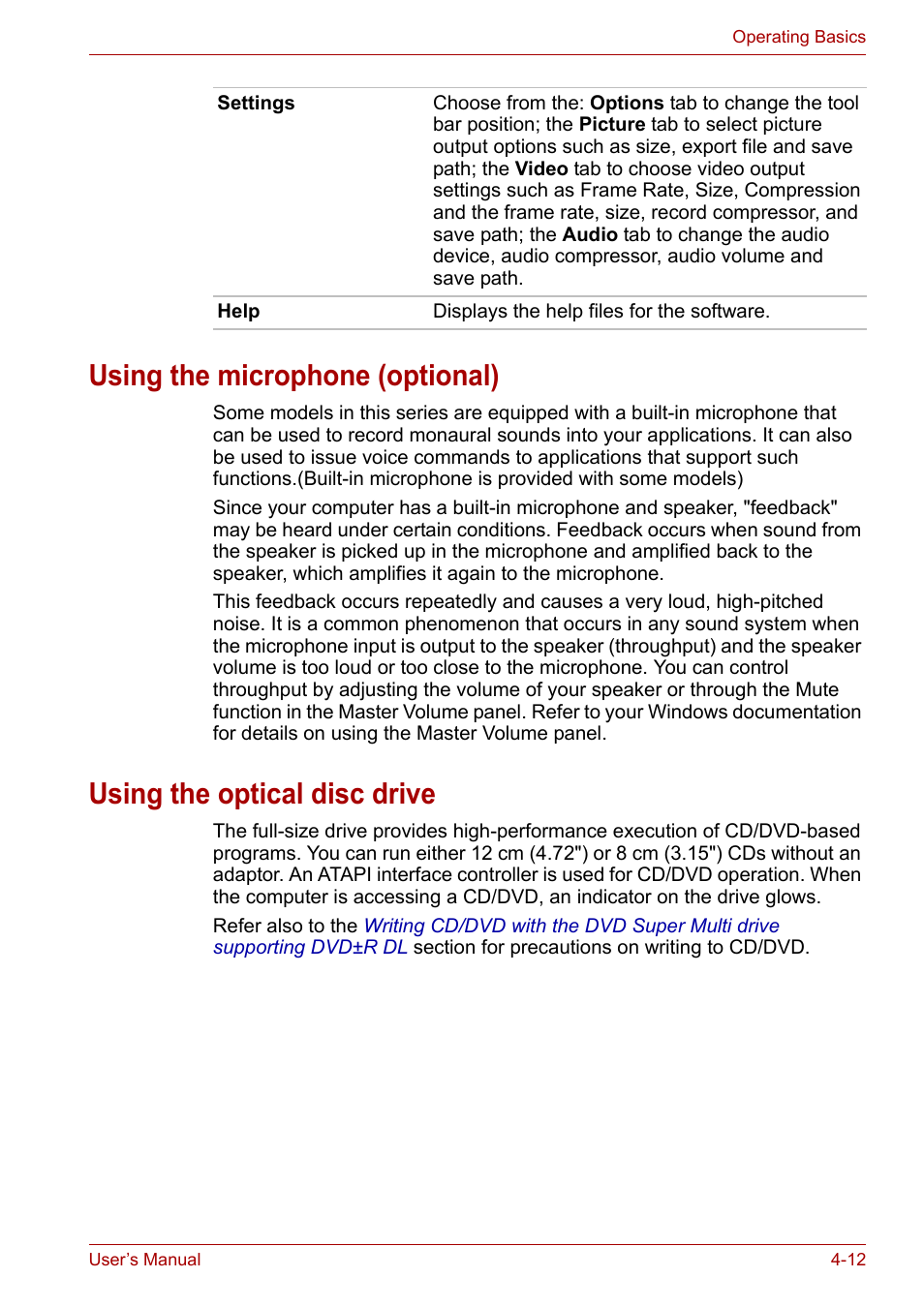 Using the microphone (optional), Using the optical disc drive | Toshiba SATELLITE U400 User Manual | Page 73 / 177